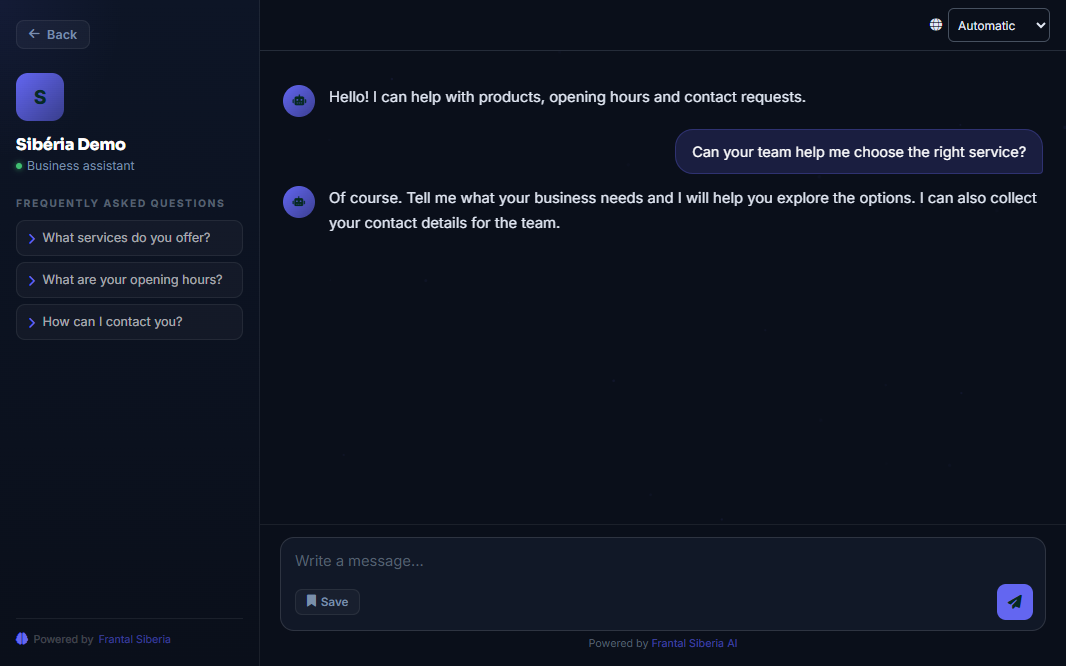 Interface da Sibéria com uma conversa de demonstração